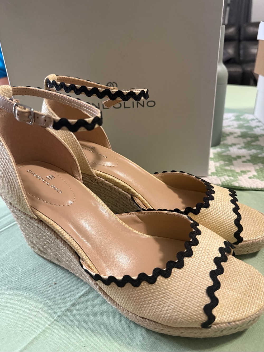 Bandolino Beige Espadrille Wedge Sandals with Black Rickrack Trim